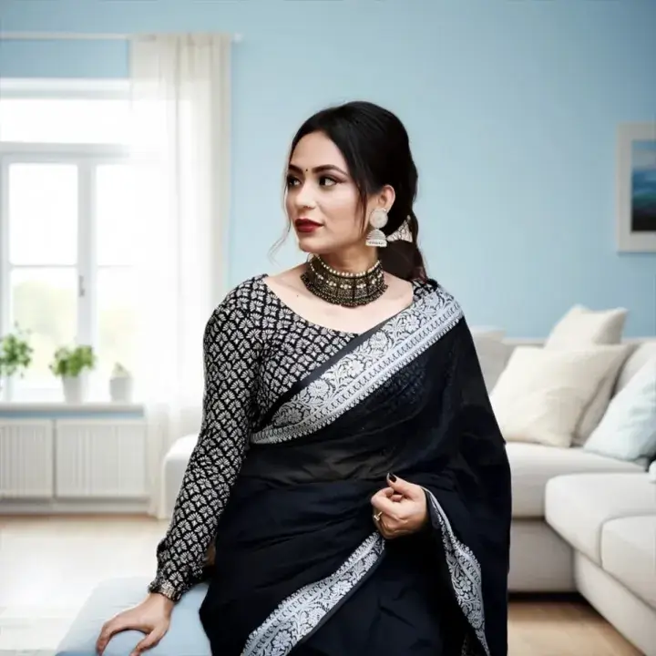 Tangail Half Silk Black Silver Jaba Par Saree – No Blouse Piece