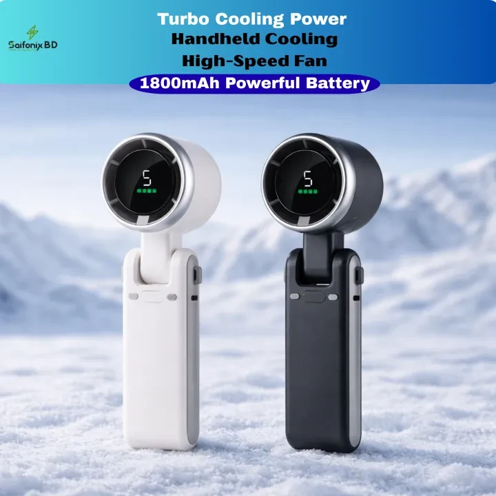 Folding Turbo Mini Fan – Rechargeable 5 Speed Digital Display Handheld Fan online in BD