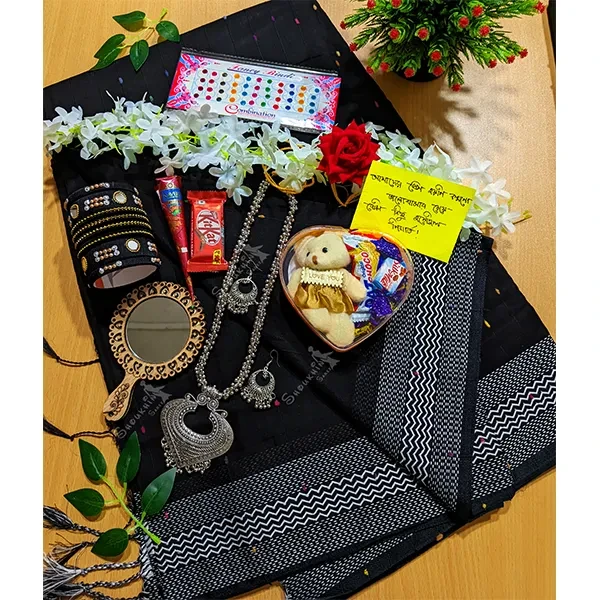 Saree Gift Combo Set with Jewelry, Chocolates & Accessories