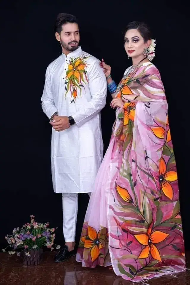 Matching Couple Dress Combo – Saree & Panjabi for Men & Women
