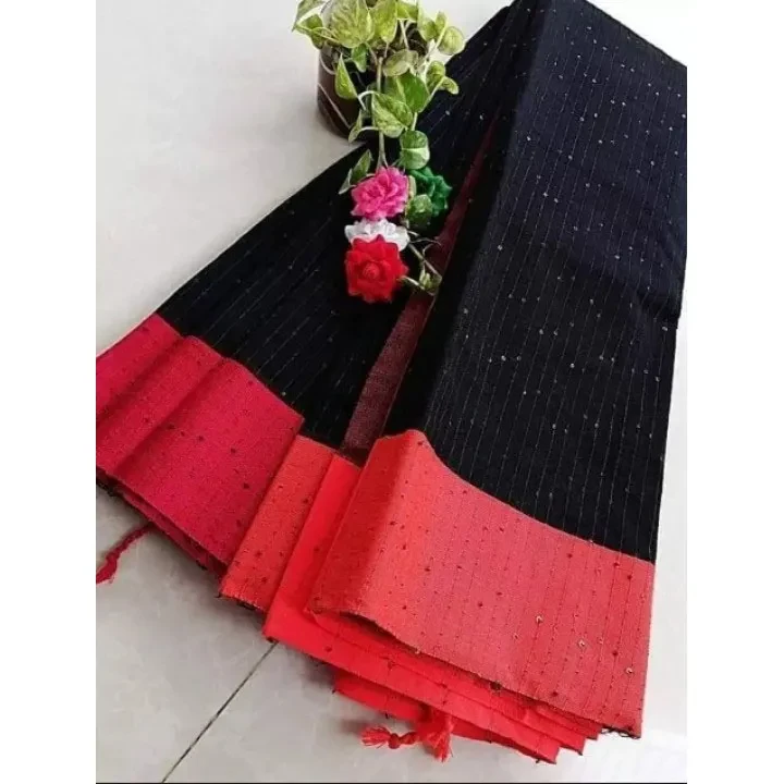 Exclusive Black Red Tangail Tat Cotton Chumki Saree For Women By Dream Collection(Tan) Tangail - Sari - saree | শাড়ি | shari