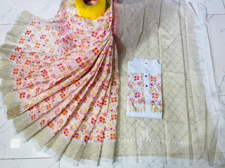 Designer Half Silk Saree & Dhupiyan Cotton Panjabi – Combo Couple Set